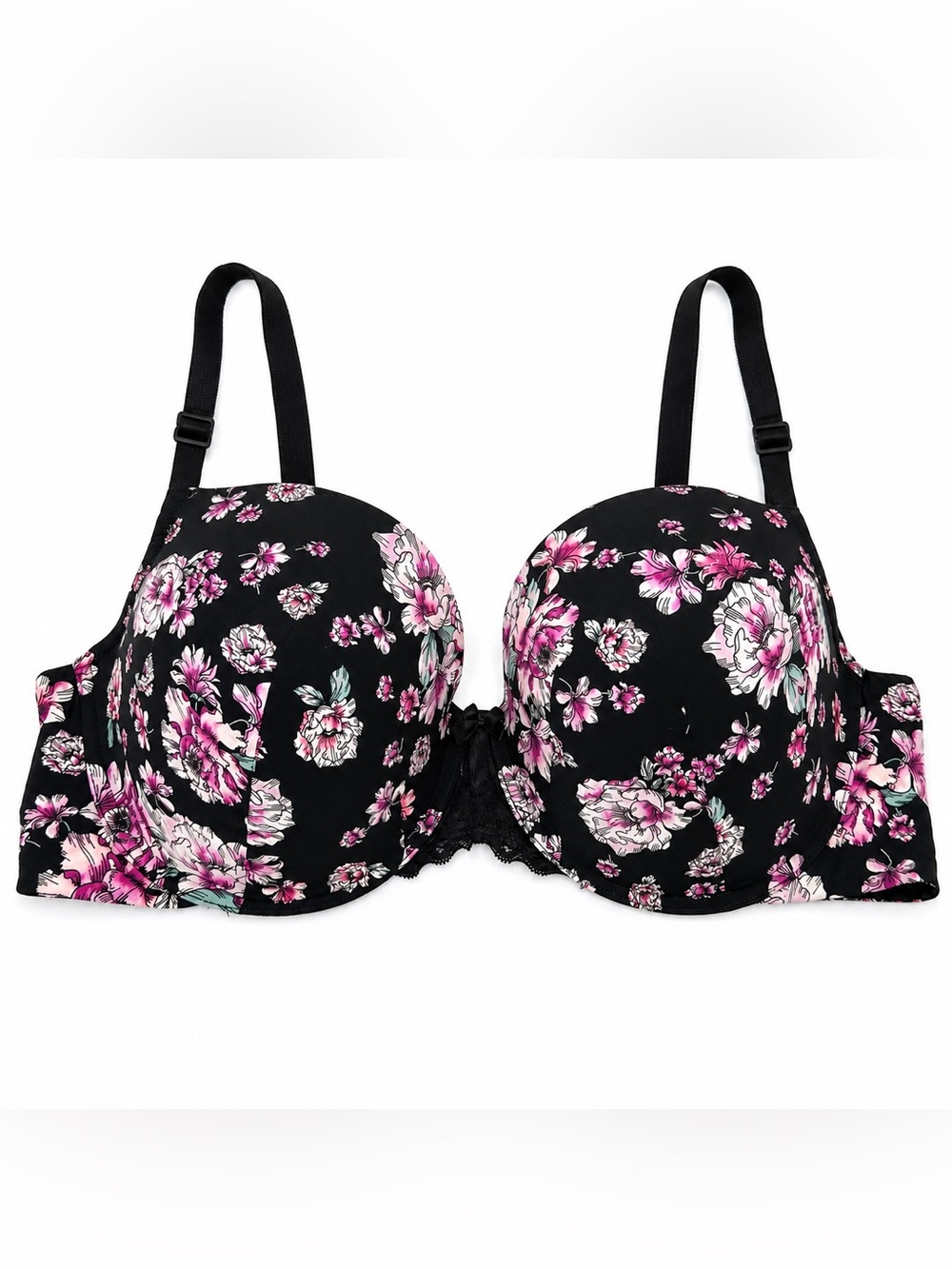 Torrid 360 Back Smoothing Push Up Bra size 46DD Black Pink Floral Underwire